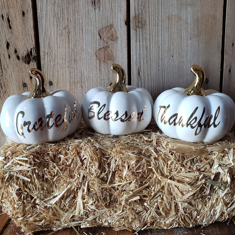 White and Gold pumpkin thankful